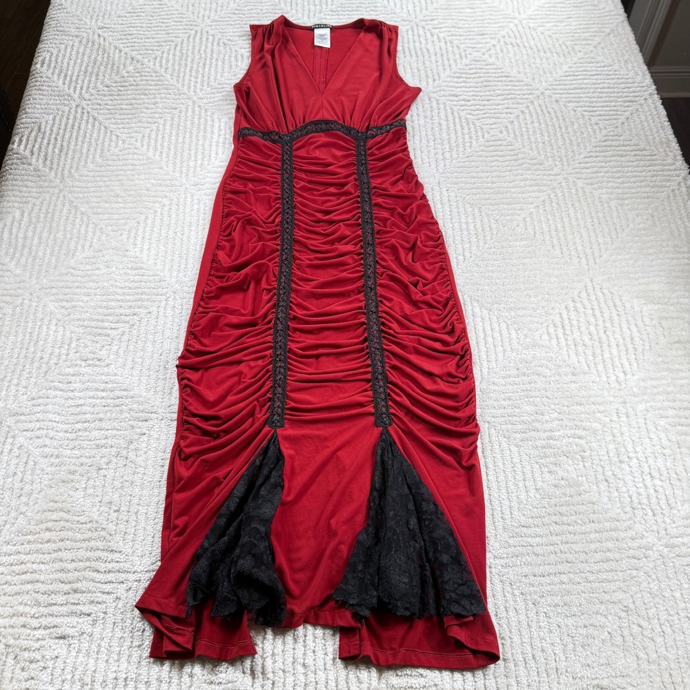 Powerline Ruched Lace Maxi Dress Women's 6 Red Gothic Whimsigoth Witchy 90s Dark